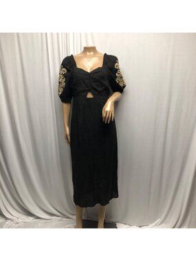 Savanna Jane Black Midi Dress Womens Size Small Embroidered Puff Sleeves NEW